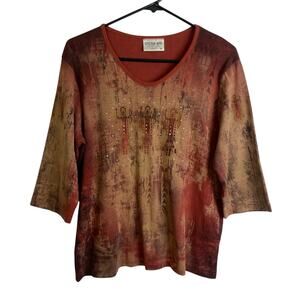 Cactus Top Womens Size XL Red Aztec Embellished Rhinestones Cotton Shirt Casual